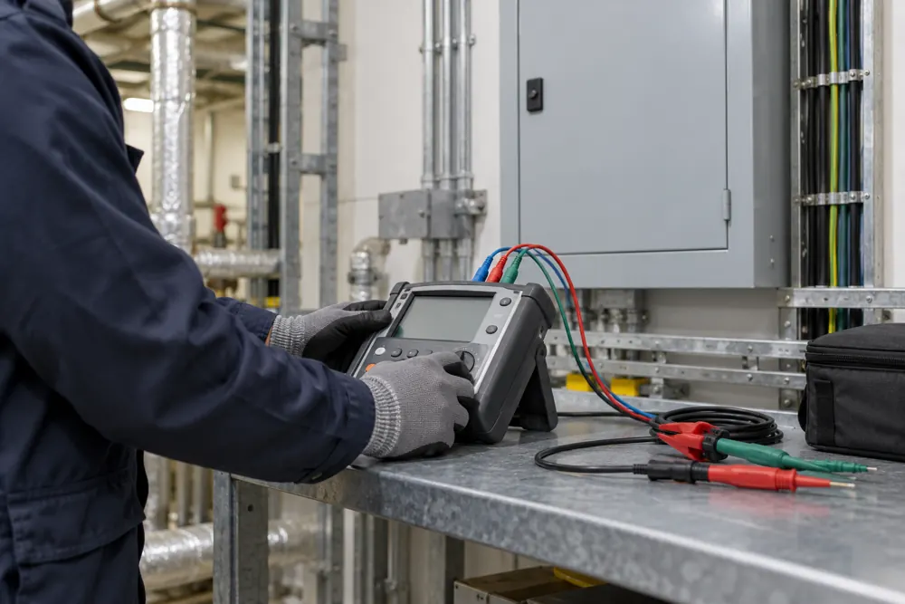 Electrical inspection instrument on a workbench beside a closed distribution cabinet