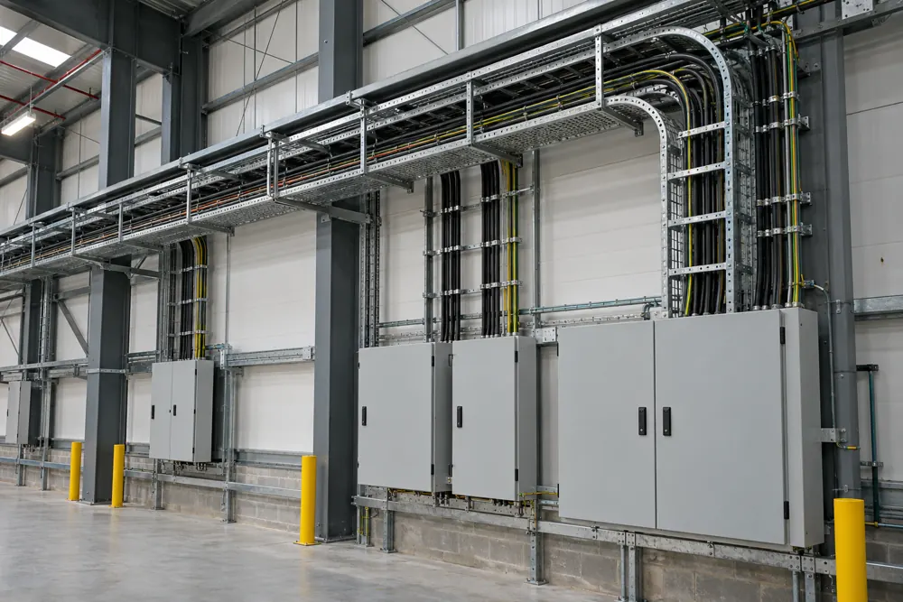 Cable trays and enclosed distribution equipment in a commercial warehouse