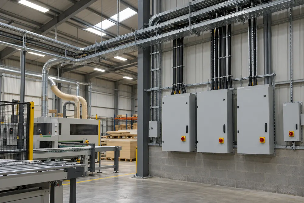 Enclosed electrical distribution equipment and cable containment in an industrial workshop