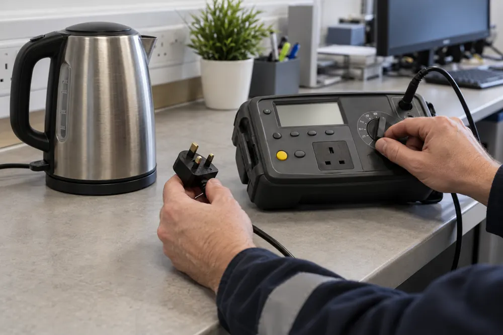 Portable appliance test instrument beside an unplugged UK plug and workplace kettle