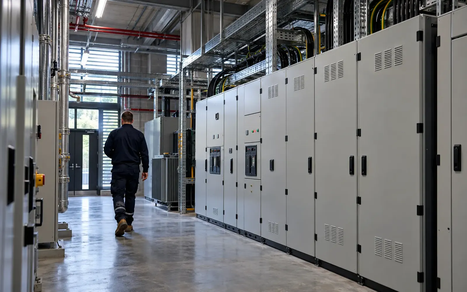 Electrician in navy workwear beside enclosed distribution cabinets in a commercial plant room